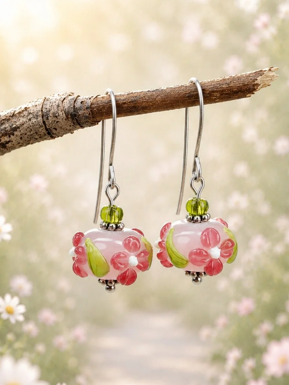Pink Lampwork Glass Flower Earrings Cottage Garden Artisan Hand Crafted - Picture 1 of 6